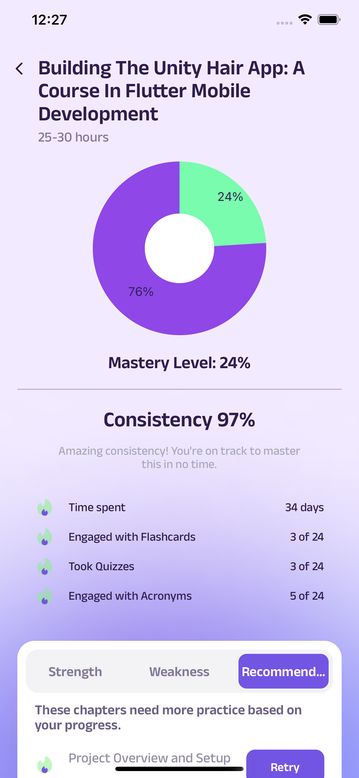 Luceo Study App analytics — mastery level and retention tracking